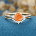 Round cut Sunstone Cluster Engagement ring Bridal Set