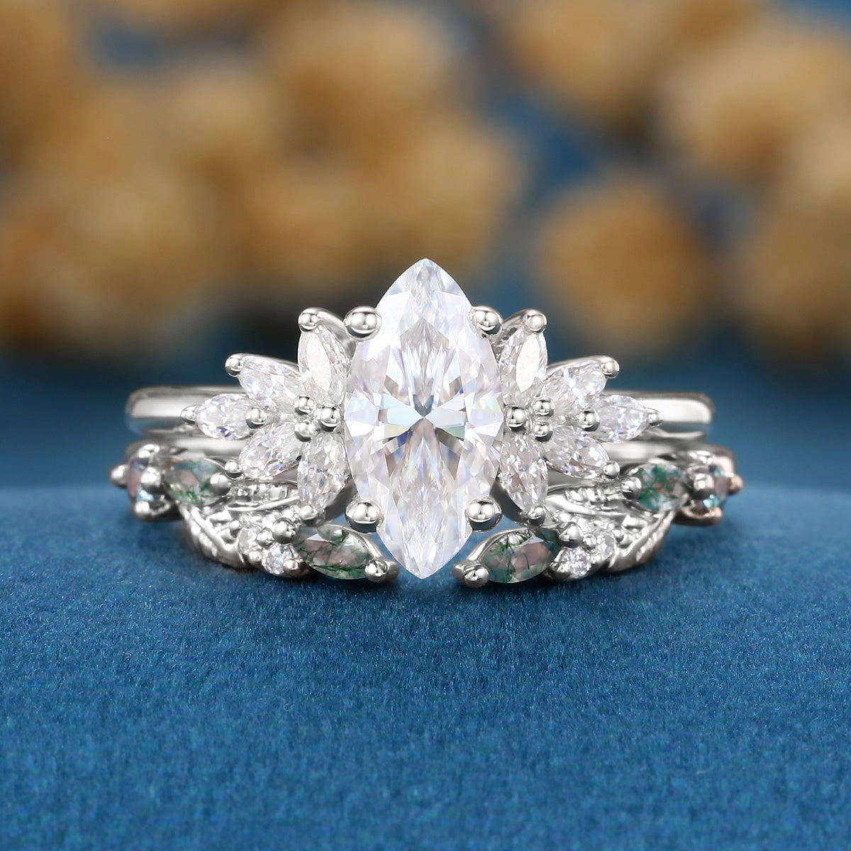 Marquise cut Moissanite Engagement ring +Moss agate Wedding Bridal set