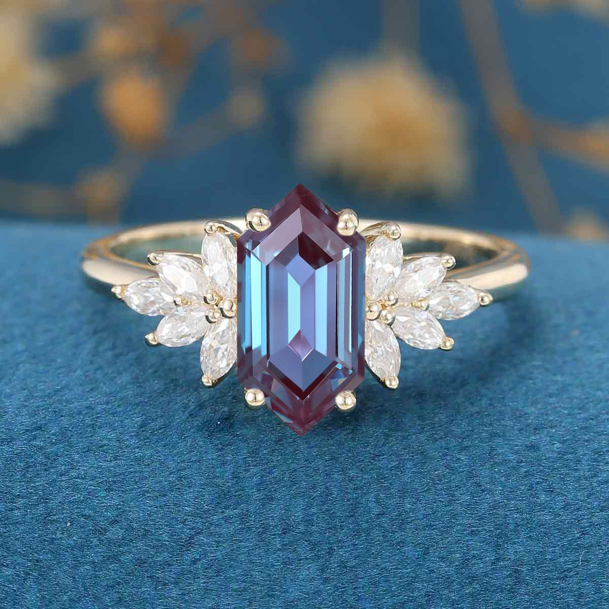 Long Hexagon cut Alexandrite Engagement ring