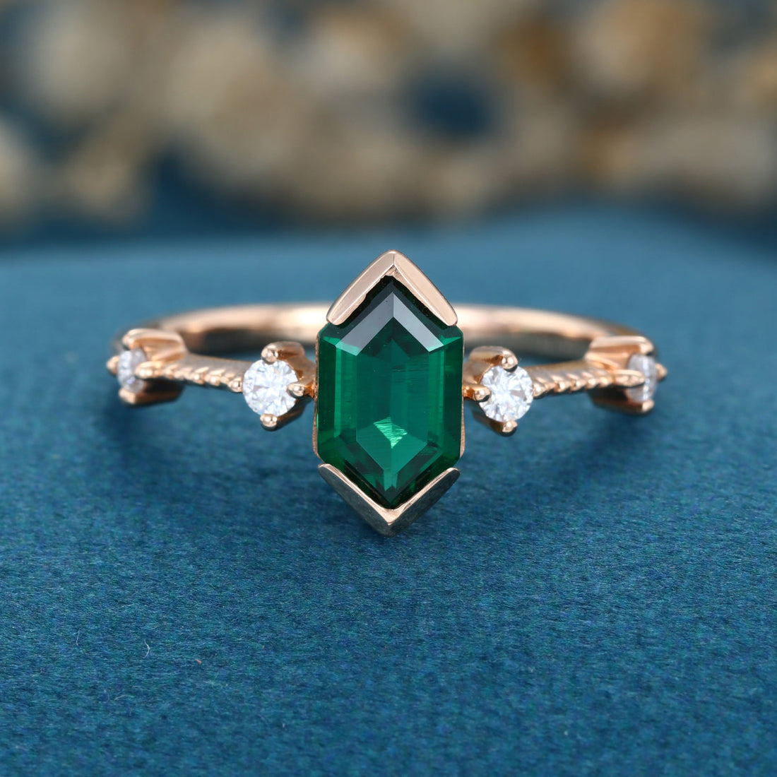 Bezel setting Hexagon cut Lab grown Emerald Solid Gold Engagement Ring
