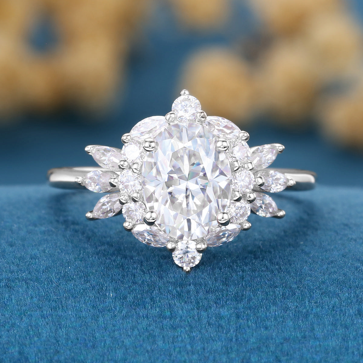 Oval cut Moissanite Cluster Engagement ring