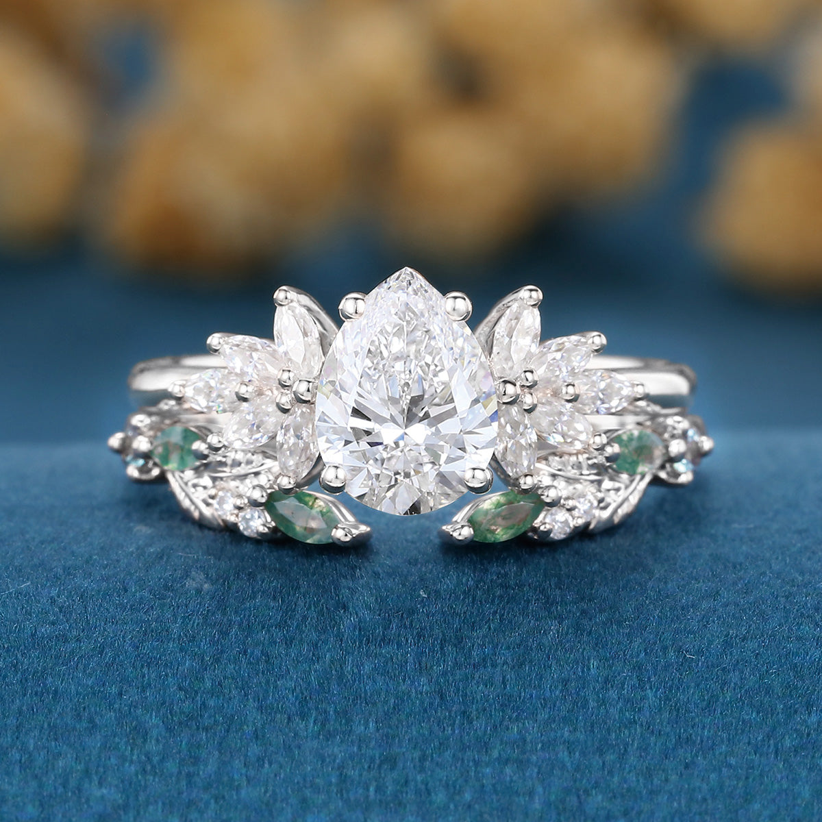 Pear cut Lab-Grown Diamond Engagement ring +Moss agate Wedding Bridal set