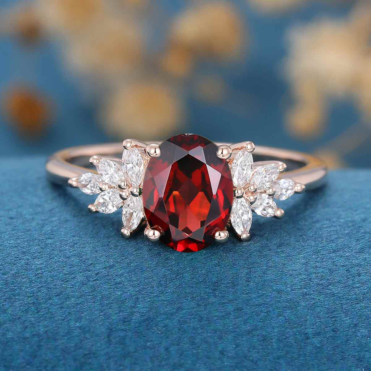 Oval cut garnet Cluster Engagement ring