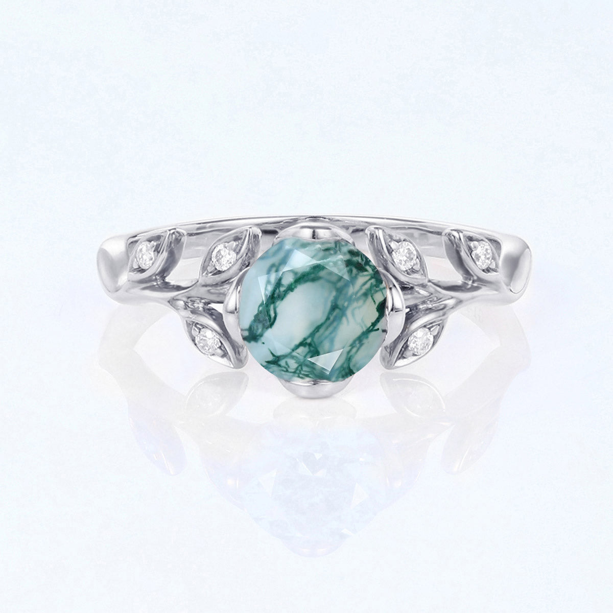 Nature Inspired Round cut Moss Agate Leaf Gold Engagement Ring