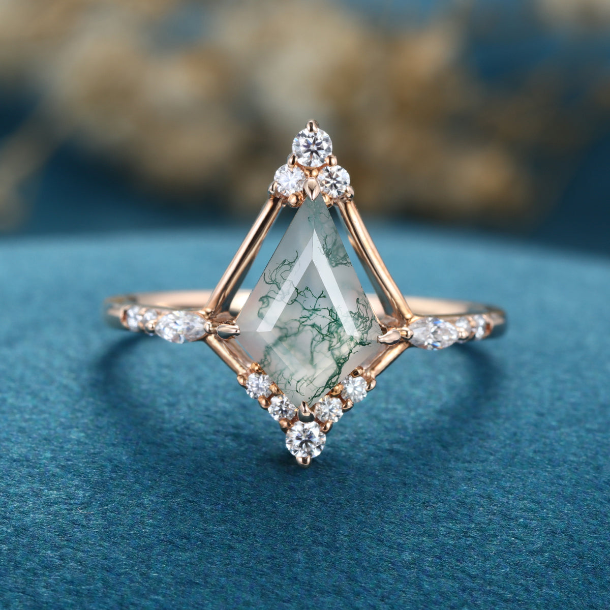 Kite cut Moss Agate Gold Engagement Ring