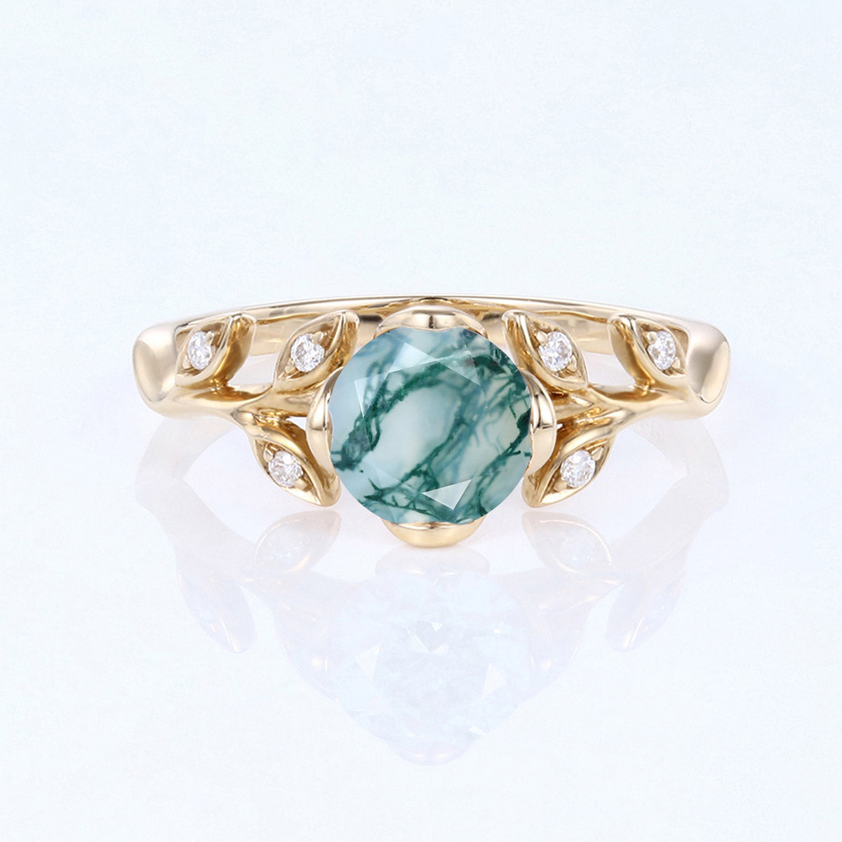 Nature Inspired Round cut Moss Agate Leaf Gold Engagement Ring
