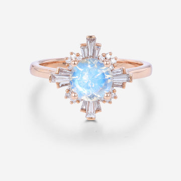 Round cut Moonstone Halo Baguette Engagement Ring