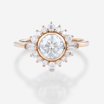 Bezel setting Round cut Moissantie Halo Gold Engagement Ring