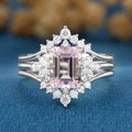 Emerald cut Morganite Cluster Engagement Bridal Set