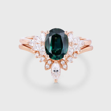 Oval Blue-Green Sapphire Cluster Engagement ring Bridal Set