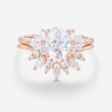 Oval cut Moissanite Cluster Engagement ring Bridal Set