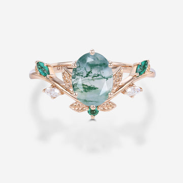 Nature Inspired Oval cut Moss Agate Leaf Engagement Ring