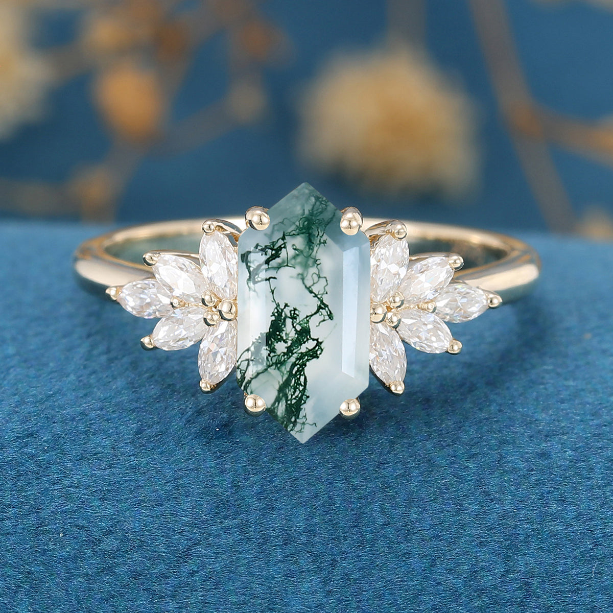 Long Hexagon Cut Natural Green Moss Agate Cluster Engagement Ring