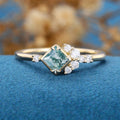 Princess Square  Cut Natural Green Moss Agate Cluster Engagement Ring