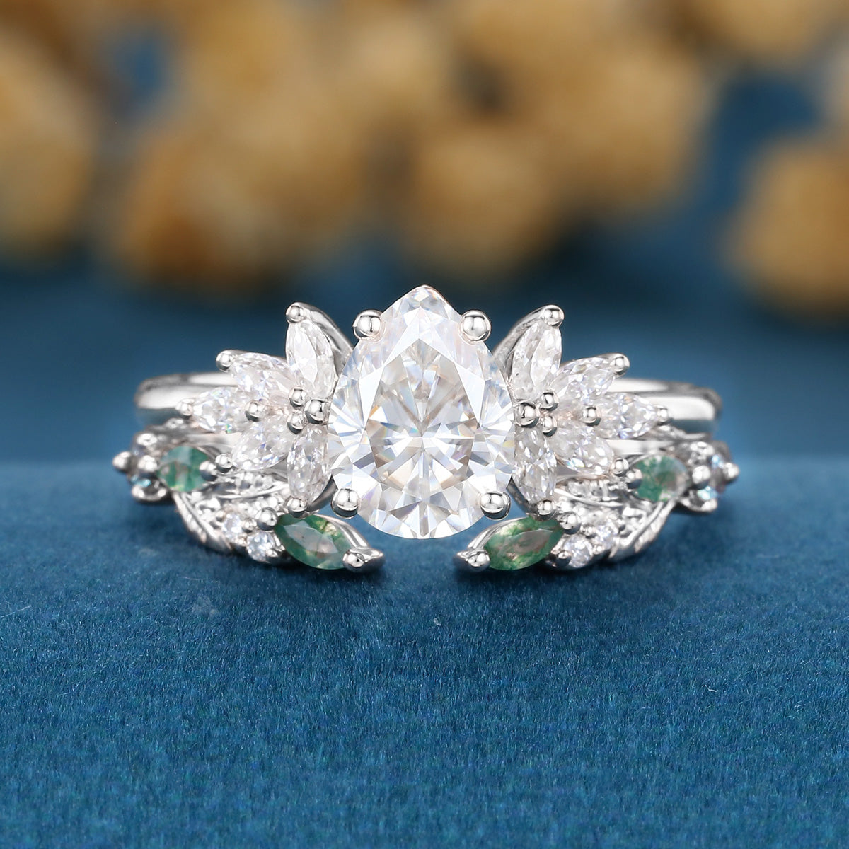 Pear cut Moissanite Engagement ring +Moss agate Wedding Bridal set