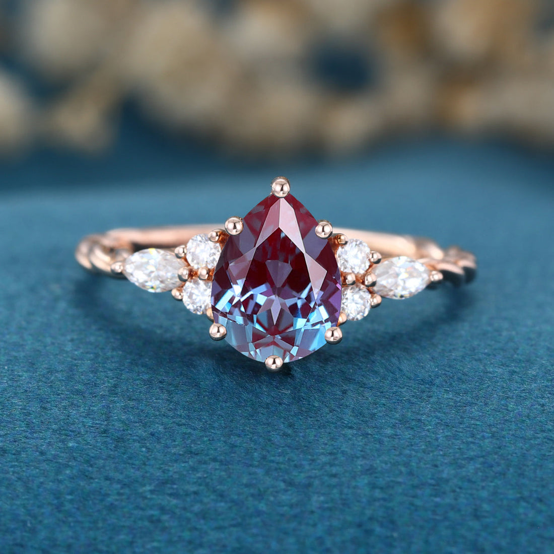Pear cut  Lab Alexandrite Solid Gold Engagement Ring