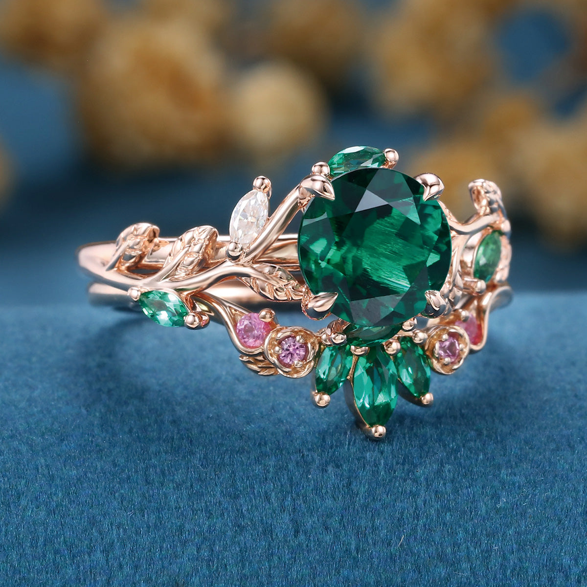 Round cut Lab Emerald  + Pink Sapphire | Emerald Wedding bridal set