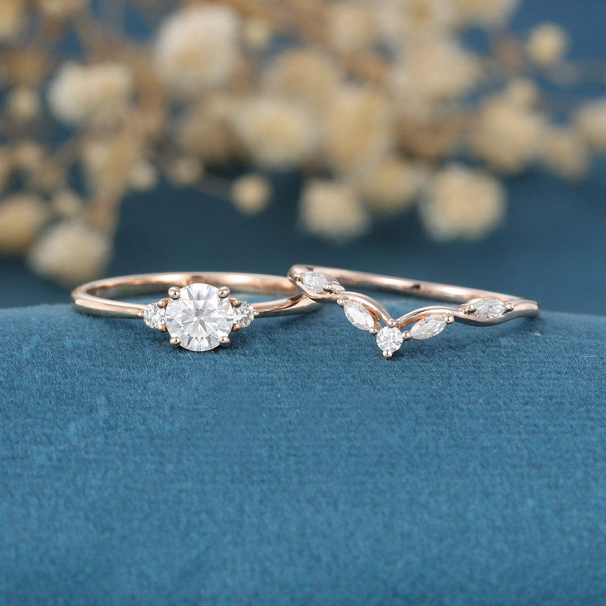 Round cut Moissanite Engagement ring White gold Diamond Wedding Bridal Set