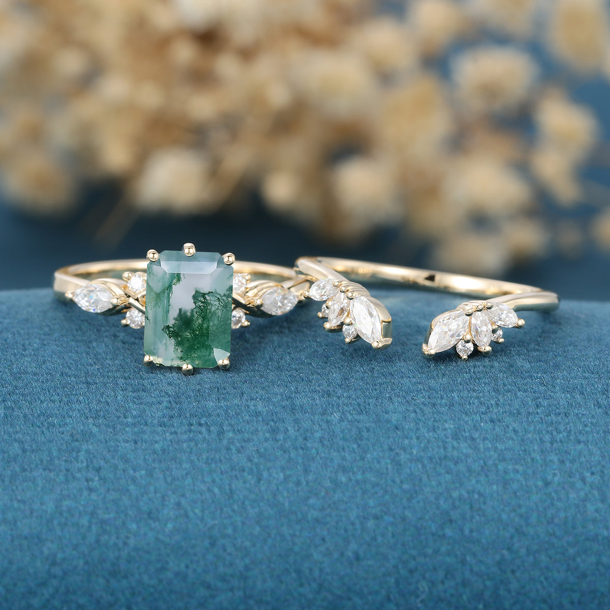 Emerald cut Moss Agate Matching Mossanite | Diamonds Gold Bridal Set