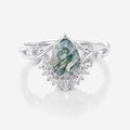 Nature Inspired Pear cut Moss Agate Leaf Gold Engagement Ring