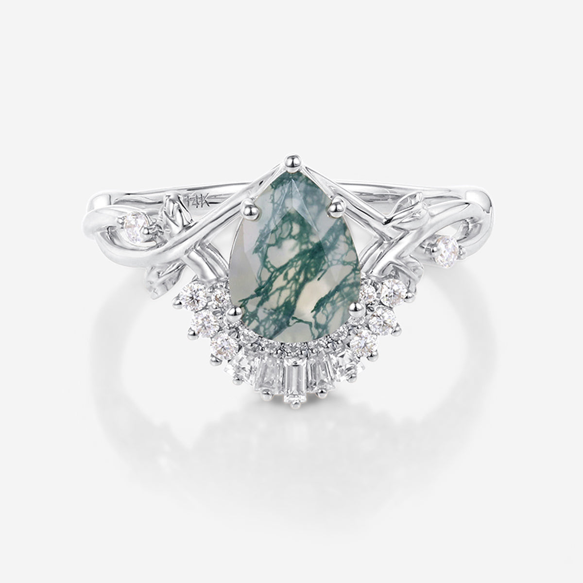 Nature Inspired Pear cut Moss Agate Leaf Gold Engagement Ring