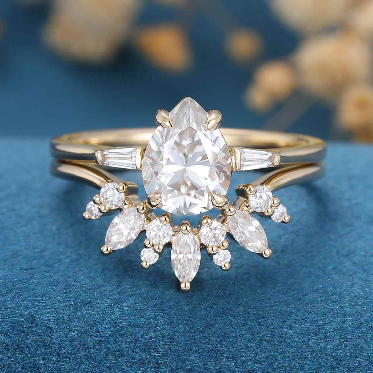 1.2Carat Pear Moissanite | Baguette Diamond Engagement ring Bridal Set