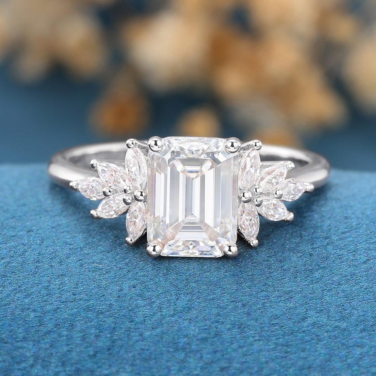 1.75 Carat Emerald cut Moissanite Cluster Engagement ring for Women