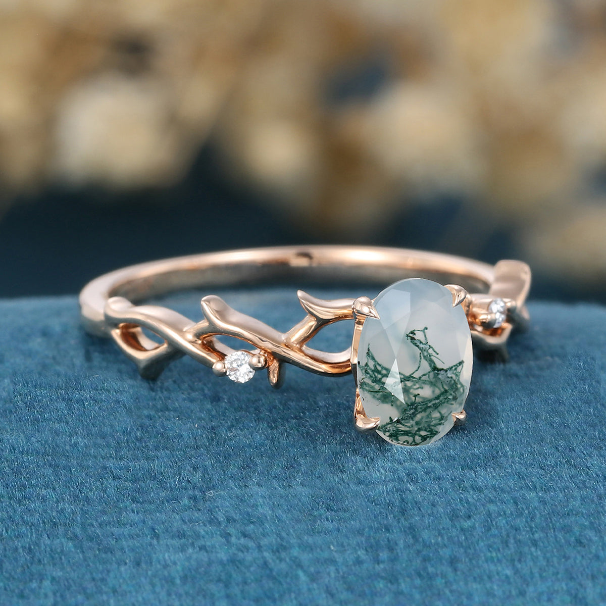 Nature Inspired Oval cut Moss Agate Matching Mossanite | Diamonds twig Gold Engagement Ring