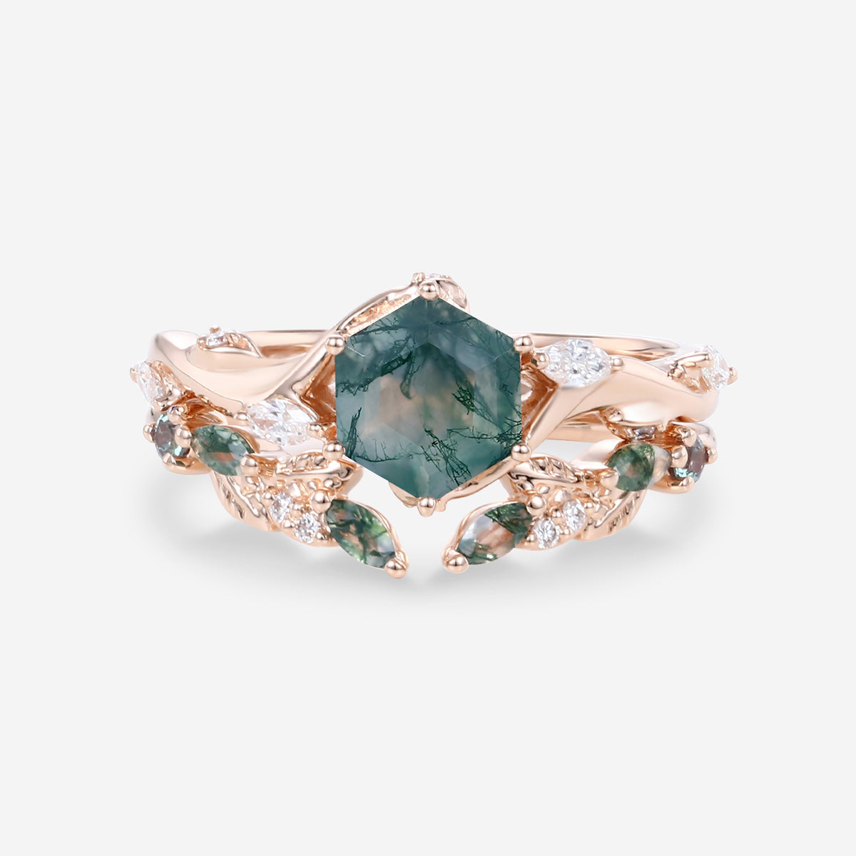 Nature Inspired Hexagon Cut Moss Agate Engagement Ring set
