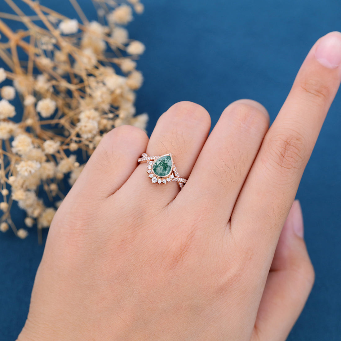 Bezel setting Pear cut Moss Agate Gold Engagement Ring