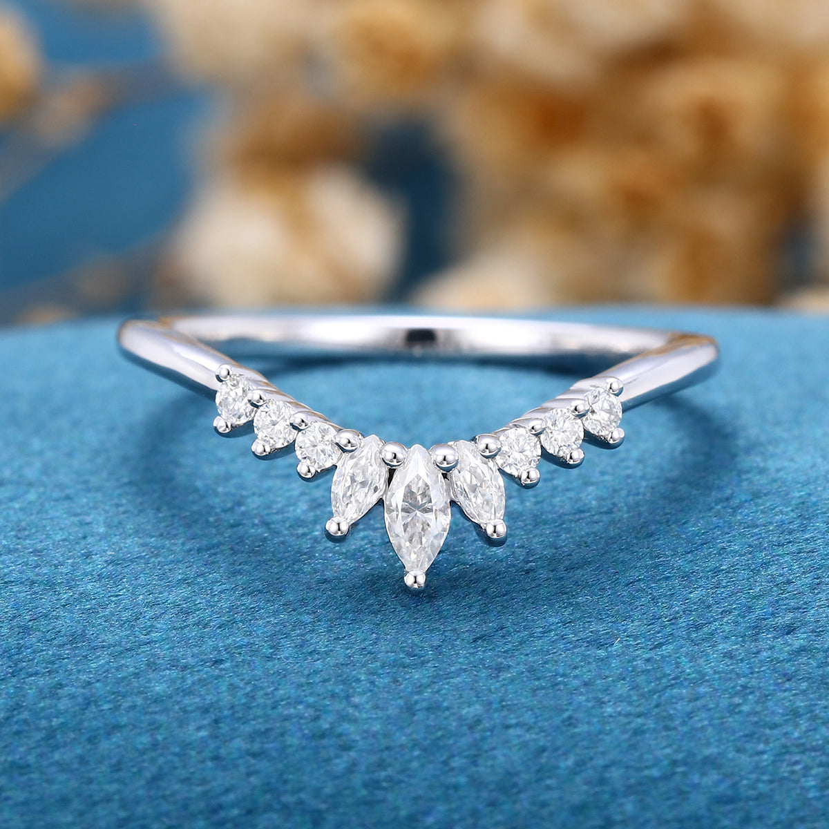 Marquise cut Moissanite | Diamond Curved Wedding Band Ring