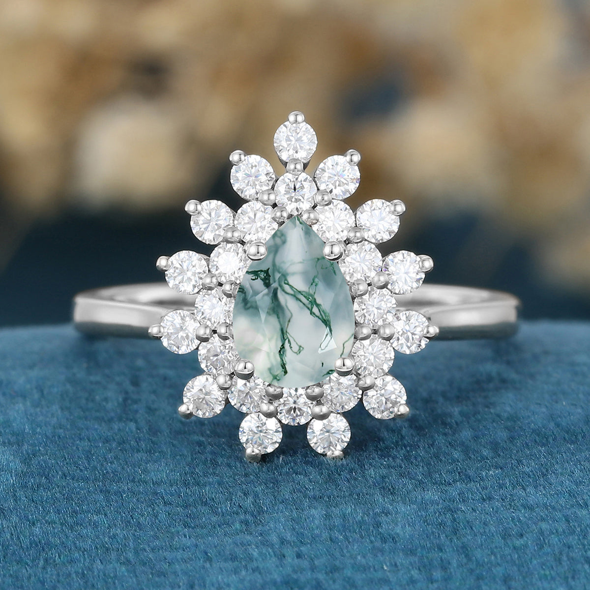 Pear cut Moss Agate Halo Gold Engagement ring