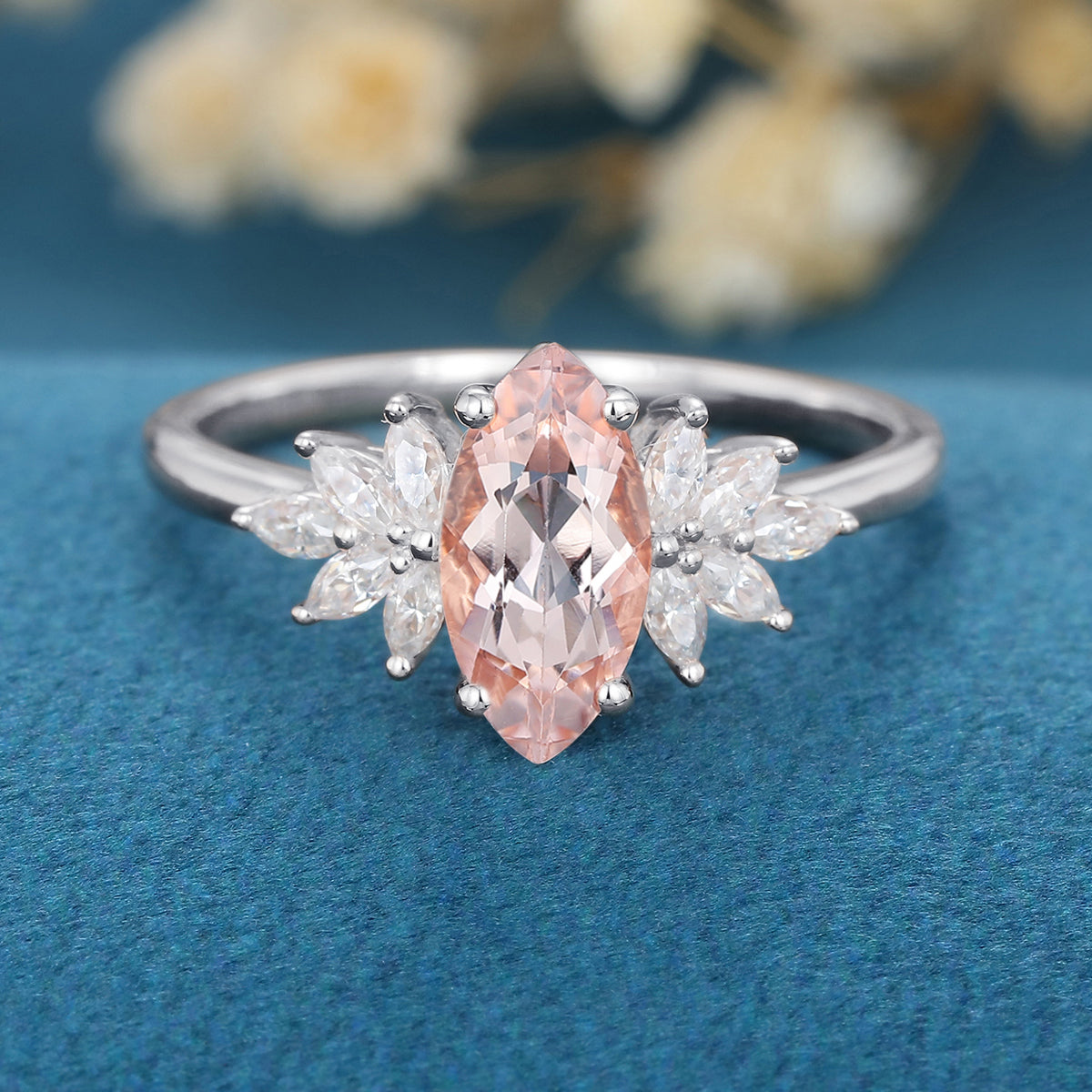 1.0Carat Marquise cut Morganite Cluster Engagement ring