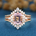 Emerald cut Morganite Cluster Engagement Bridal Set