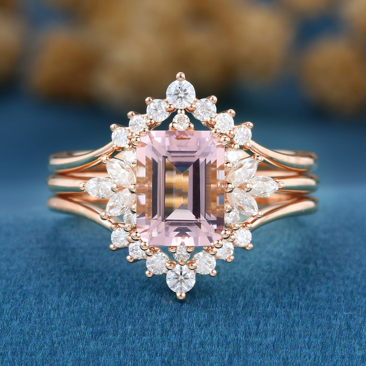 Emerald cut Morganite Cluster Engagement Bridal Set