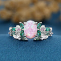 Oval cut Lab Pink Opal + Moss agate Rose Gold Wedding Bridal Set