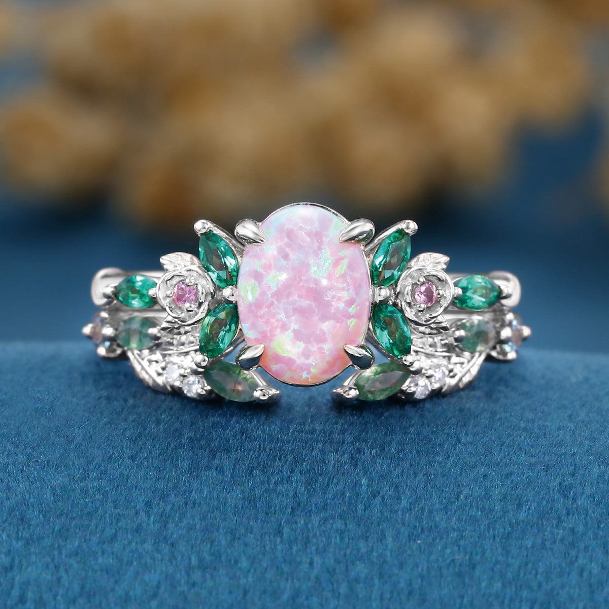 Oval cut Lab Pink Opal + Moss agate Rose Gold Wedding Bridal Set