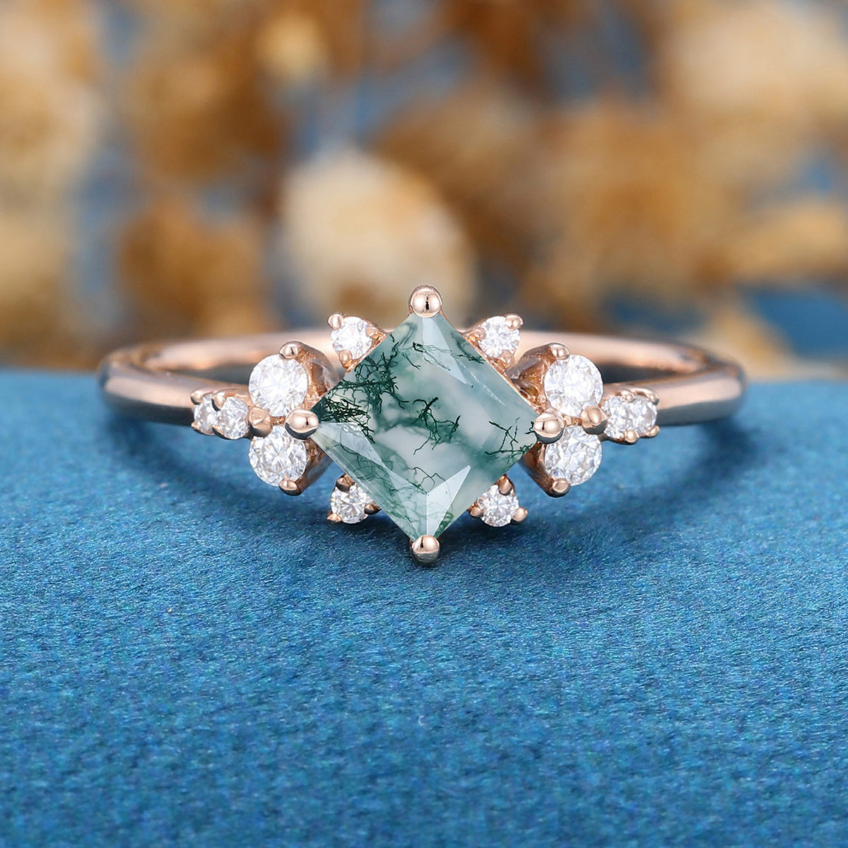 Princess Square  Cut Natural Green Moss Agate Cluster Engagement Ring