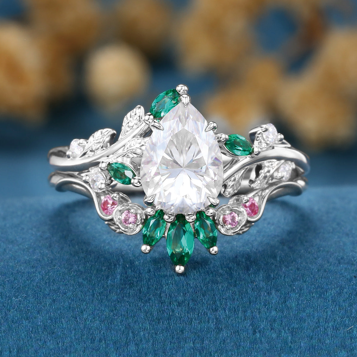 Pear Moissanite Engagement ring + Pink Sapphire | Lab Emerald Curved Wedding bridal set
