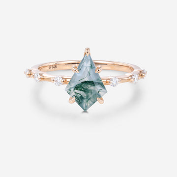 Kite Cut Natural Green Moss Agate Cluster Engagement Ring