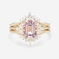 Emerald cut Morganite Cluster Engagement Bridal Set