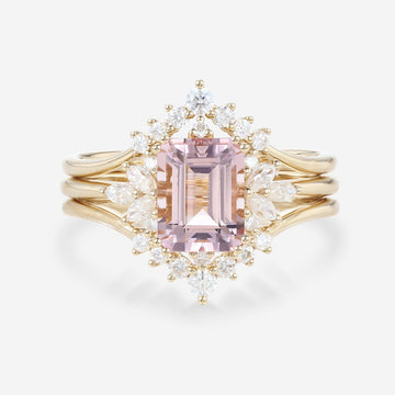 Emerald cut Morganite Cluster Engagement Bridal Set