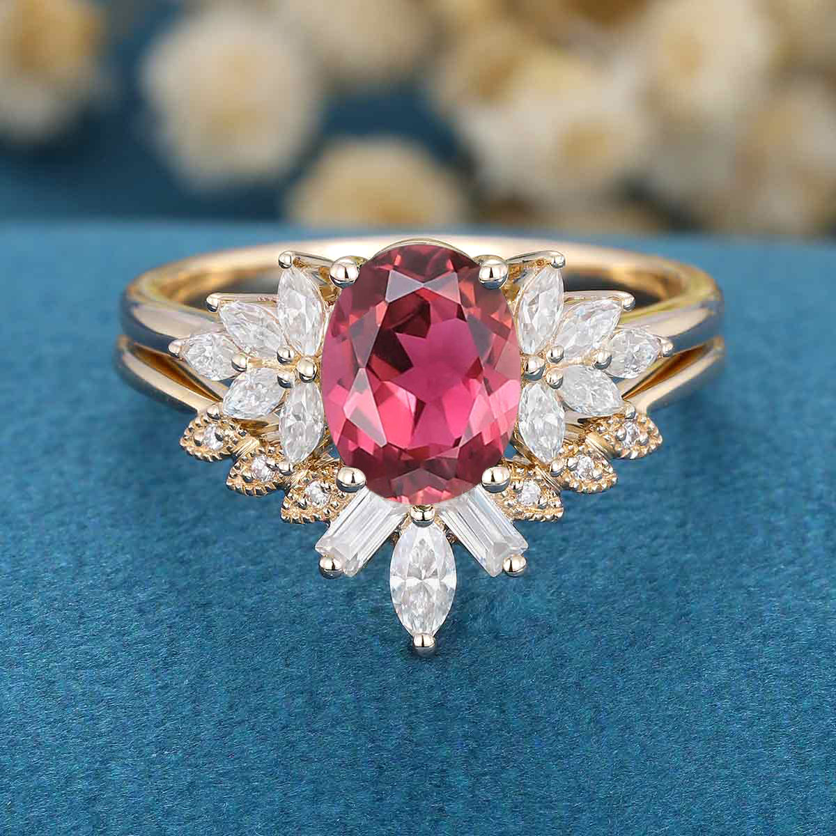 Oval cut Tourmaline Cluster Engagement ring Bridal Set