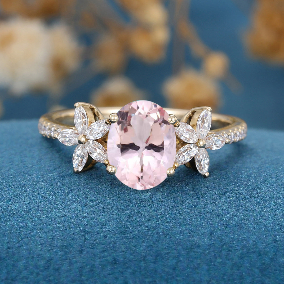 1.1Carat Oval cut Morganite Cluster Engagement Ring