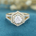 Hexagon shaped Moissanite Halo Engagement Ring