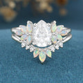 Pear cut Moissanite Cluster Opal Engagement ring Bridal Set