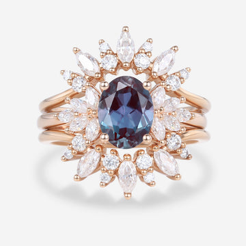 1.5Carat 3PCS Oval cut Lab Alexandrite Cluster Engagement Ring Set