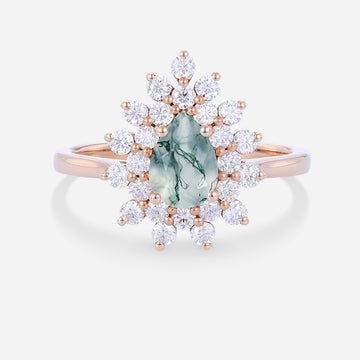 Pear cut Moss Agate Halo Gold Engagement ring