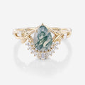 Nature Inspired Pear cut Moss Agate Leaf Gold Engagement Ring