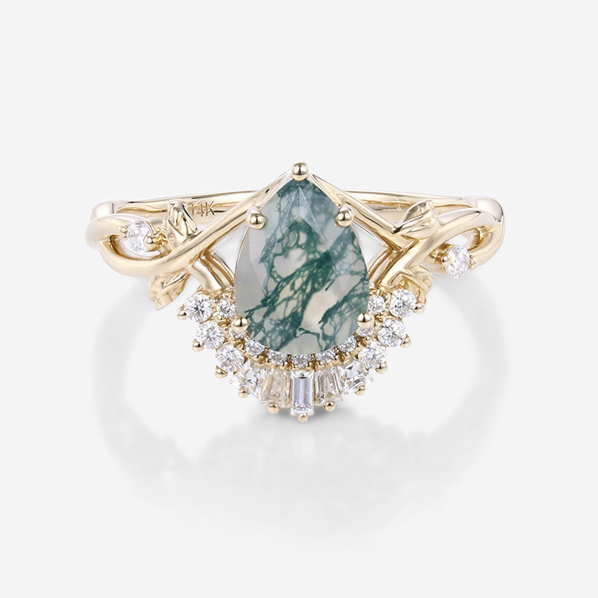 Nature Inspired Pear cut Moss Agate Leaf Gold Engagement Ring